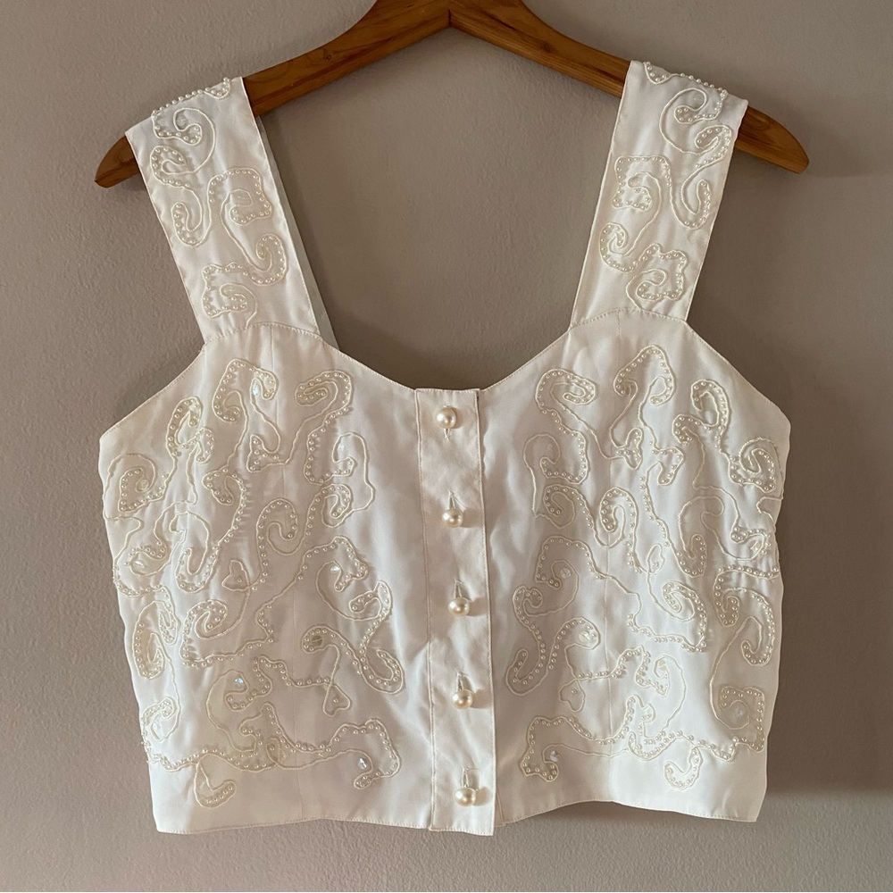 NWOT Vtg. Victoria’s Secret Ivory Sequin Beaded Bridal Button Crop Top SMALL